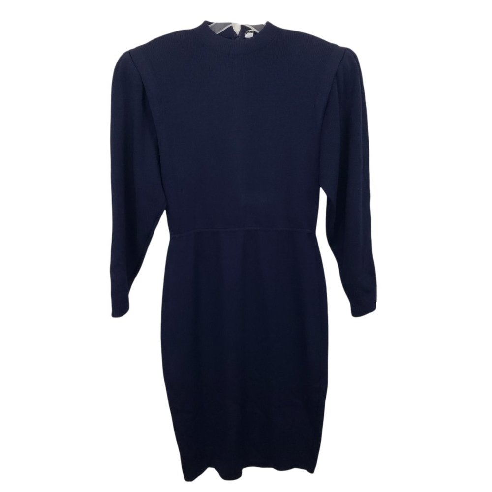St. John Marie Gray Vintage Navy Santana Mock Neck Knit Long Sleeve Midi Dress 6